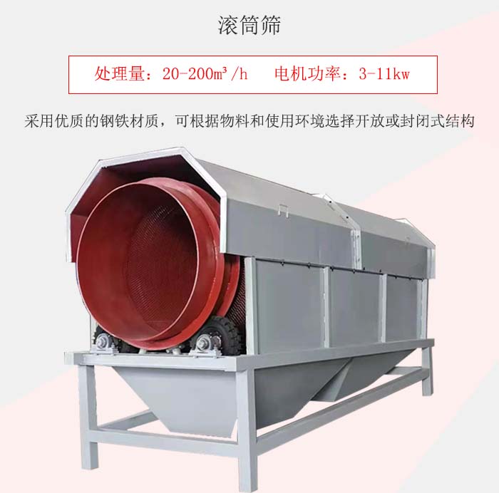滾筒篩采用優(yōu)質(zhì)的鋼鐵材質(zhì)，可根據(jù)物料和使用環(huán)境選擇開(kāi)放或封閉式結(jié)構(gòu)
